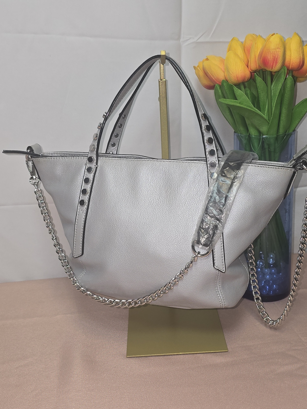 Simply Vera Vera Wang Harley Metallic Silver Studded Chain Tote Bag
